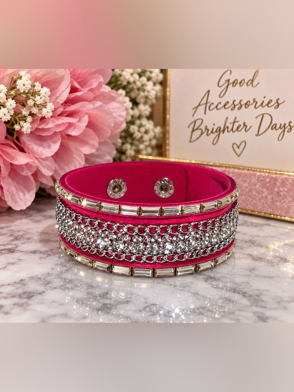 ✨ Vintage-Style Hot Pink & Silver Rhinestone Wrap Bracelet / Cuff ✨